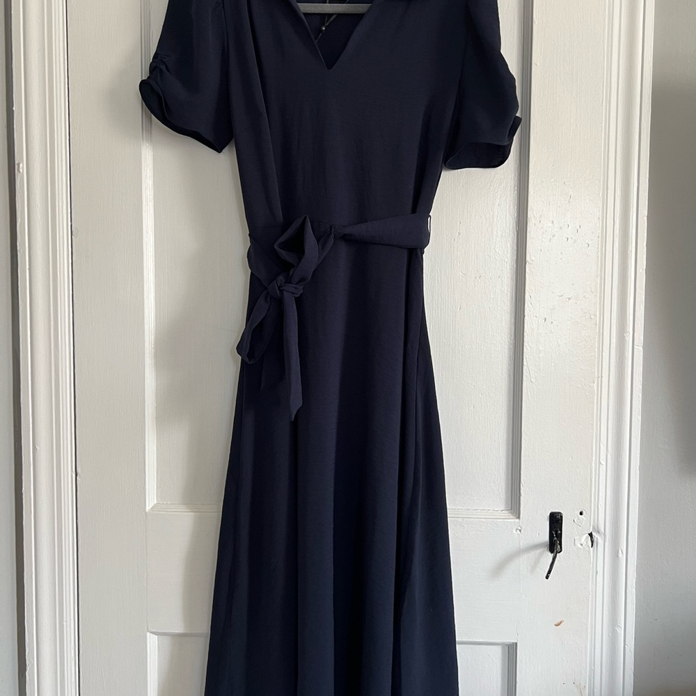 DKNY Elegant Navy Midi Dress with Tie